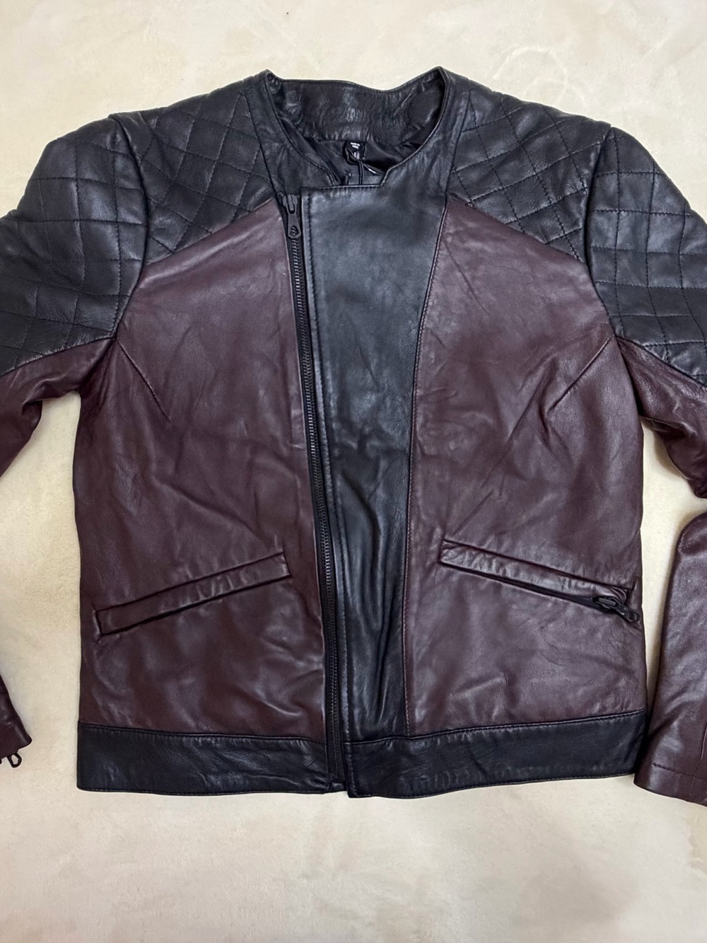 Woman Two-Tone Quilted Shoulder Leather Jacket - Black & Dark Brown